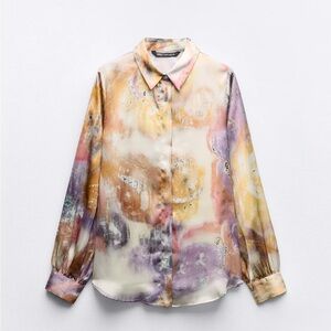 ZARA blurry print SATIN effect  Blouse Long Sleeve Size L
